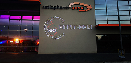 Outdoor laser graphics by LPS Laser for 100 years Hermann Bantleon GmbH, raitiopharm arena | Freie-Pressemitteilungen.de